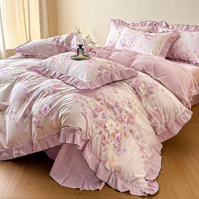 91家纺网 家纺一手货源 找家纺 格里芬家纺 2026新款全棉精梳棉韩系花边款印花四件套 花间漫步-粉