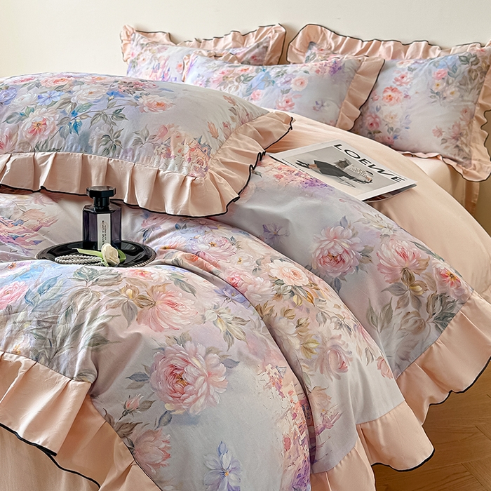 91家纺网 家纺一手货源 找家纺 格里芬家纺 2026新款全棉精梳棉韩系花边款印花四件套 露兮