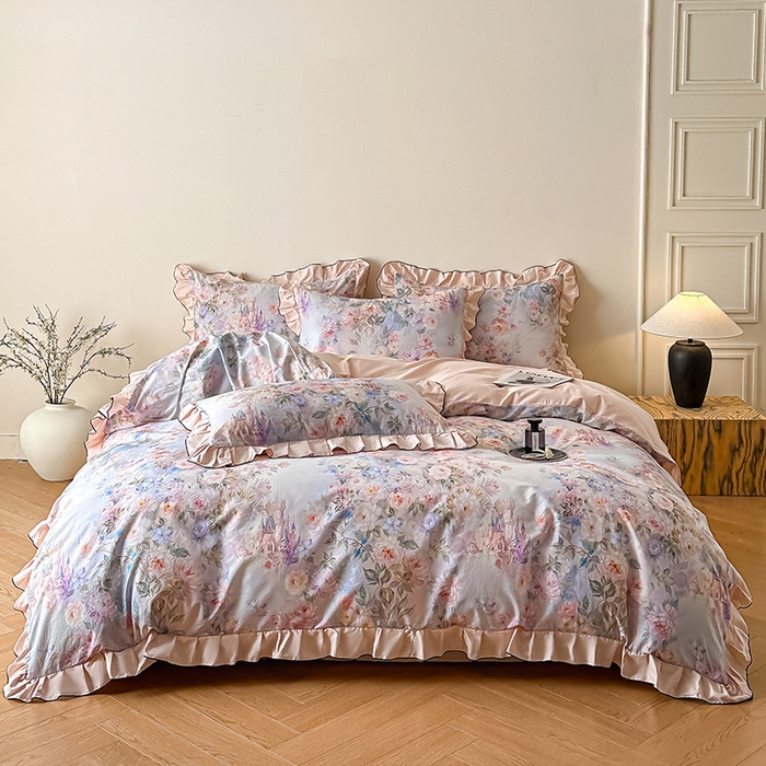 91家纺网 家纺一手货源 找家纺 格里芬家纺 2026新款全棉精梳棉韩系花边款印花四件套 露兮