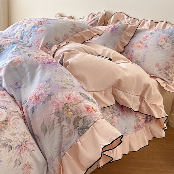 91家纺网 家纺一手货源 找家纺 格里芬家纺 2026新款全棉精梳棉韩系花边款印花四件套 露兮