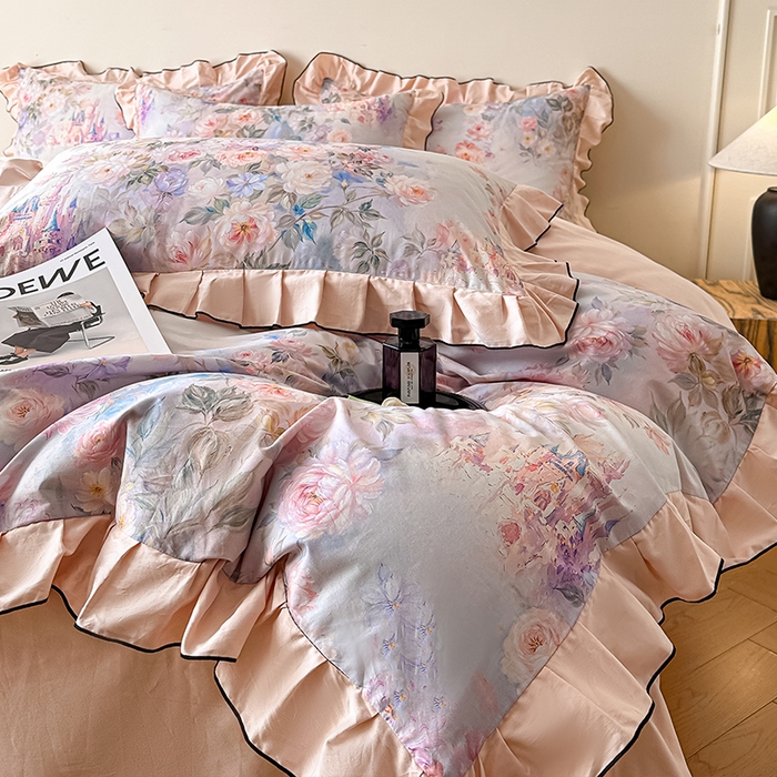 91家纺网 家纺一手货源 找家纺 格里芬家纺 2026新款全棉精梳棉韩系花边款印花四件套 露兮