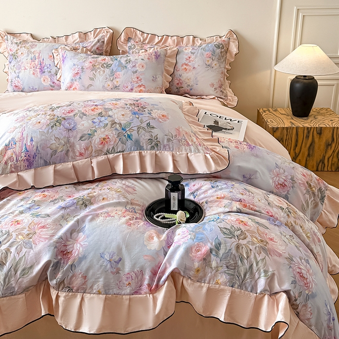 91家纺网 家纺一手货源 找家纺 格里芬家纺 2026新款全棉精梳棉韩系花边款印花四件套 露兮