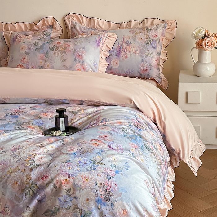 91家纺网 家纺一手货源 找家纺 格里芬家纺 2026新款全棉精梳棉韩系花边款印花四件套 露兮