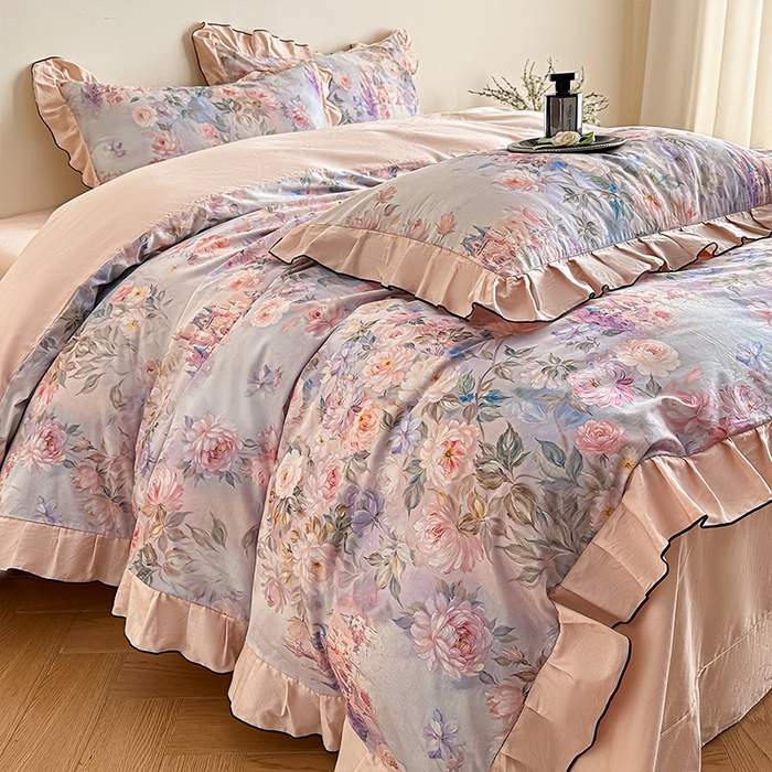 91家纺网 家纺一手货源 找家纺 格里芬家纺 2026新款全棉精梳棉韩系花边款印花四件套 露兮