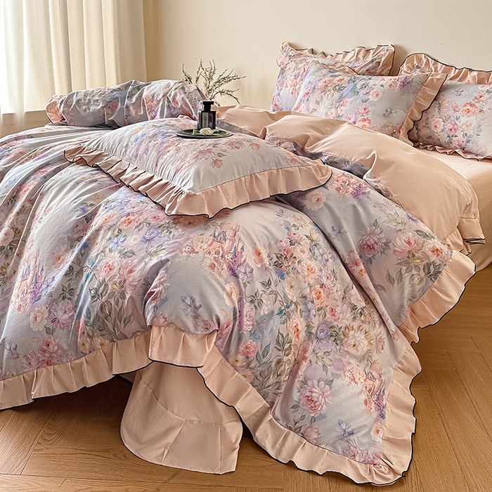 91家纺网 家纺一手货源 找家纺 格里芬家纺 2026新款全棉精梳棉韩系花边款印花四件套 露兮