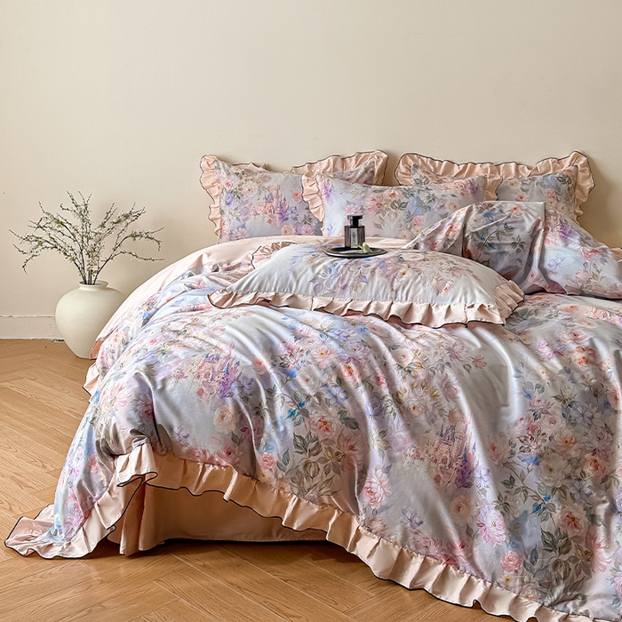 91家纺网 家纺一手货源 找家纺 格里芬家纺 2026新款全棉精梳棉韩系花边款印花四件套 露兮