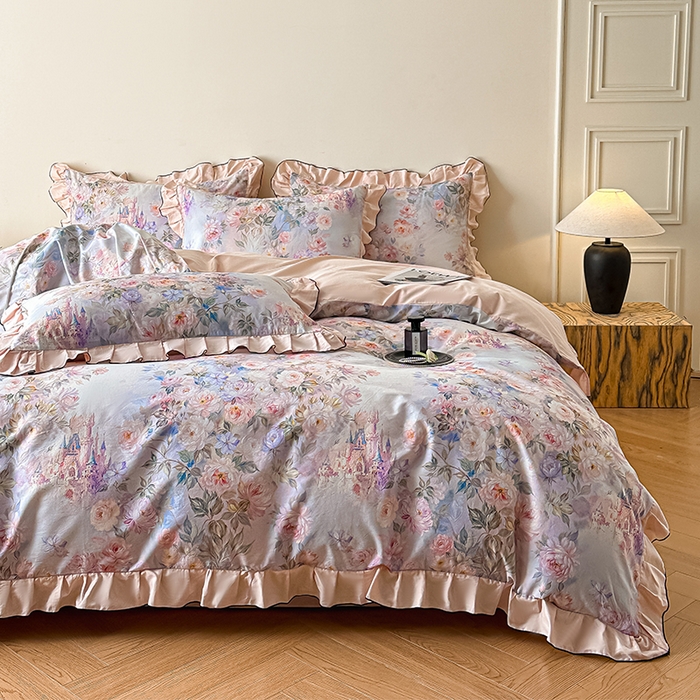 91家纺网 家纺一手货源 找家纺 格里芬家纺 2026新款全棉精梳棉韩系花边款印花四件套 露兮