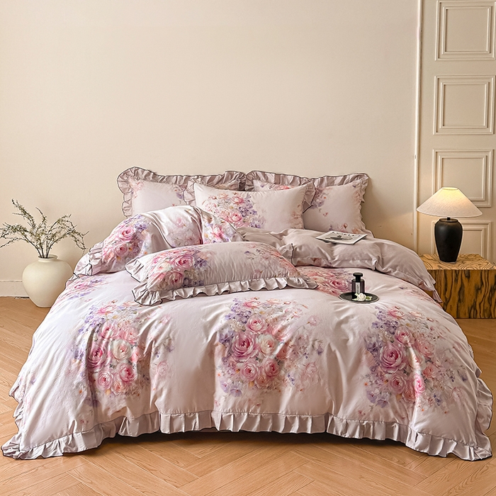 91家纺网 家纺一手货源 找家纺 格里芬家纺 2026新款全棉精梳棉韩系花边款印花四件套 洛莉娅-粉紫