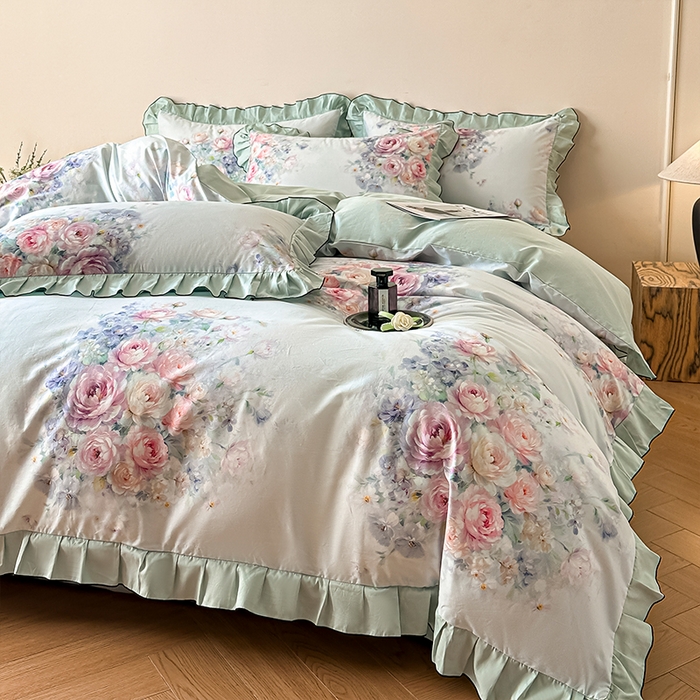 格里芬家纺 2026新款全棉精梳棉韩系花边款印花四件套 洛莉娅-绿