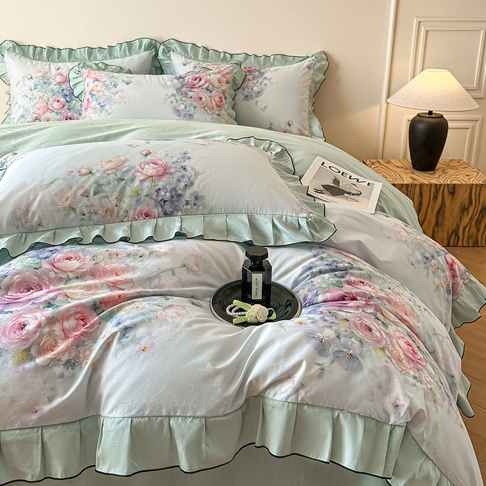 91家纺网 家纺一手货源 找家纺 格里芬家纺 2026新款全棉精梳棉韩系花边款印花四件套 洛莉娅-绿