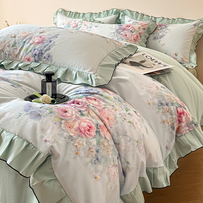 91家纺网 家纺一手货源 找家纺 格里芬家纺 2026新款全棉精梳棉韩系花边款印花四件套 洛莉娅-绿