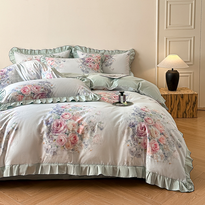 91家纺网 家纺一手货源 找家纺 格里芬家纺 2026新款全棉精梳棉韩系花边款印花四件套 洛莉娅-绿