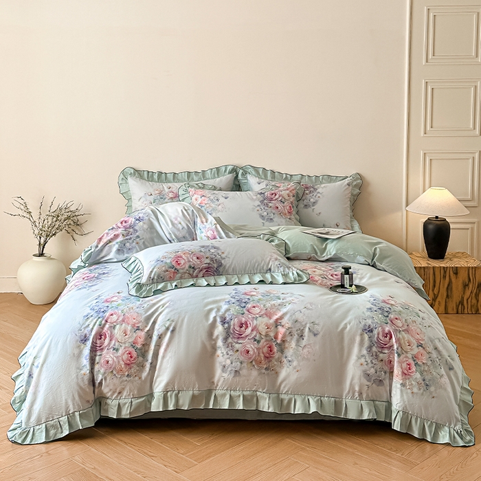 91家纺网 家纺一手货源 找家纺 格里芬家纺 2026新款全棉精梳棉韩系花边款印花四件套 洛莉娅-绿