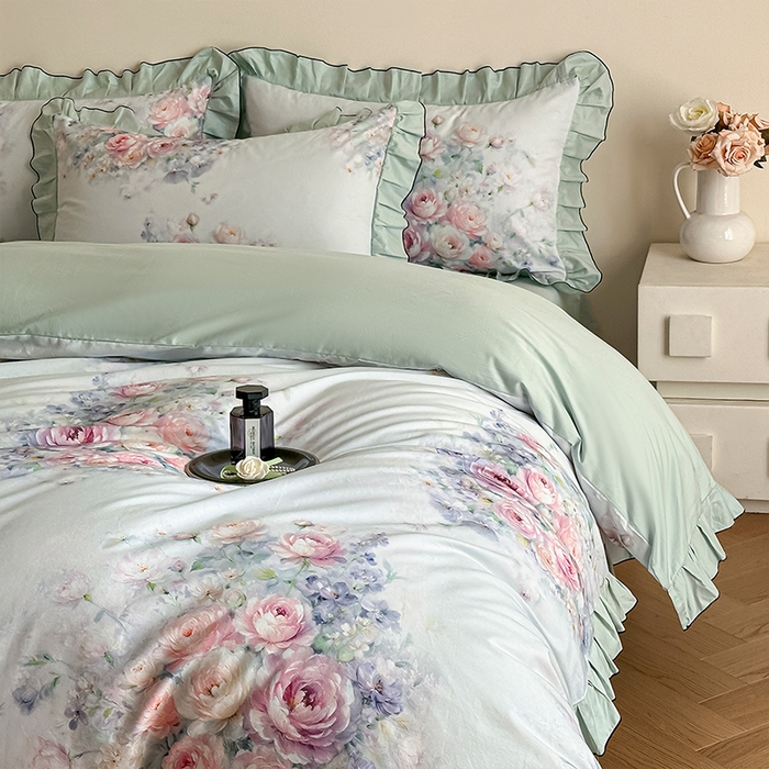 91家纺网 家纺一手货源 找家纺 格里芬家纺 2026新款全棉精梳棉韩系花边款印花四件套 洛莉娅-绿