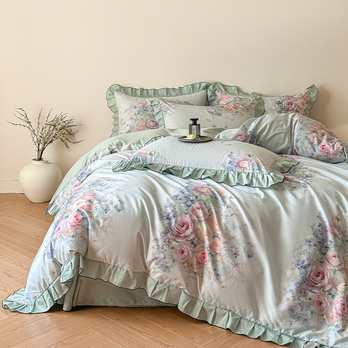 91家纺网 家纺一手货源 找家纺 格里芬家纺 2026新款全棉精梳棉韩系花边款印花四件套 洛莉娅-绿