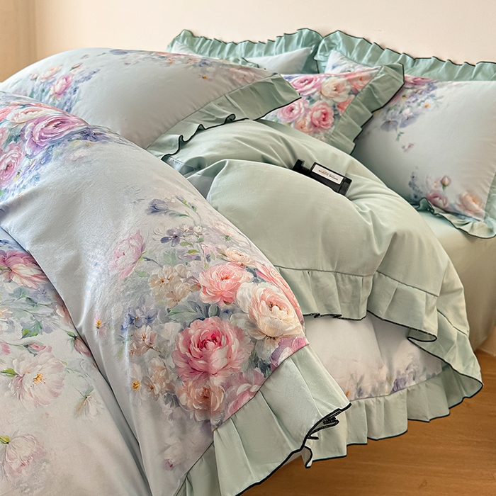 91家纺网 家纺一手货源 找家纺 格里芬家纺 2026新款全棉精梳棉韩系花边款印花四件套 洛莉娅-绿