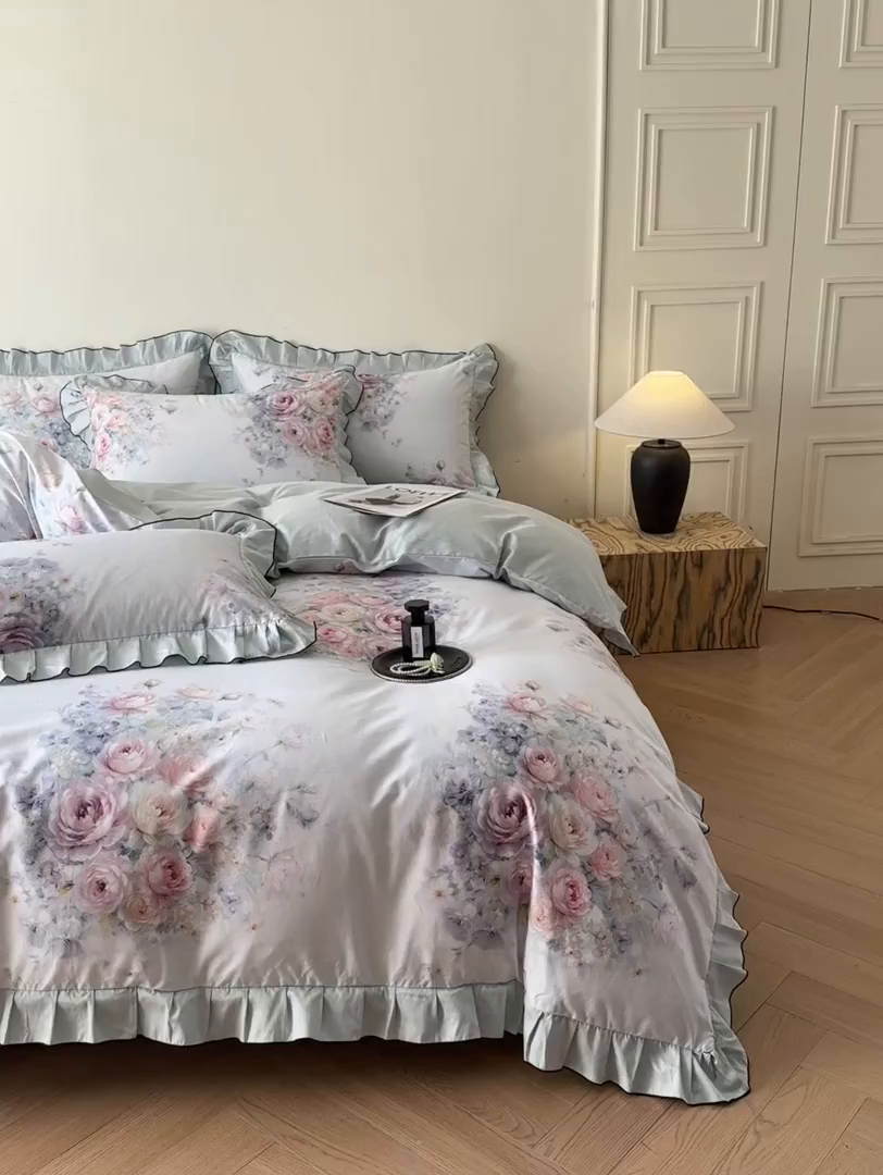 91家纺网 家纺一手货源 找家纺 格里芬家纺 2026新款全棉精梳棉韩系花边款印花四件套 洛莉娅-绿