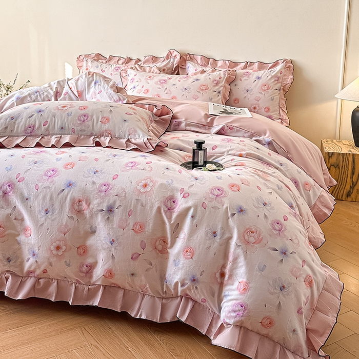 格里芬家纺 2026新款全棉精梳棉韩系花边款印花四件套 清岚-粉紫