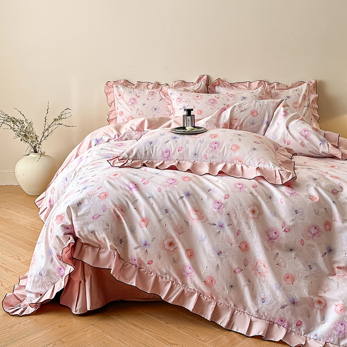 91家纺网 家纺一手货源 找家纺 格里芬家纺 2026新款全棉精梳棉韩系花边款印花四件套 清岚-粉紫