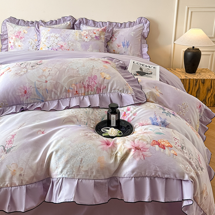 91家纺网 家纺一手货源 找家纺 格里芬家纺 2026新款全棉精梳棉韩系花边款印花四件套 诗意繁花-紫