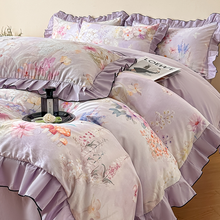 91家纺网 家纺一手货源 找家纺 格里芬家纺 2026新款全棉精梳棉韩系花边款印花四件套 诗意繁花-紫