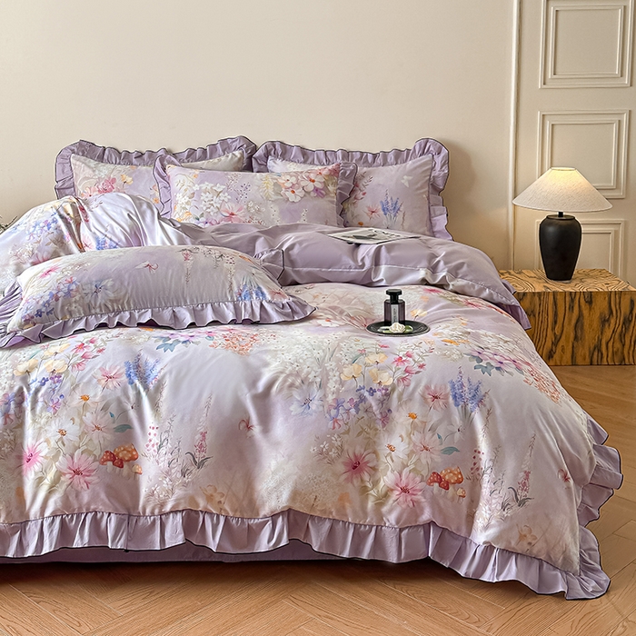 91家纺网 家纺一手货源 找家纺 格里芬家纺 2026新款全棉精梳棉韩系花边款印花四件套 诗意繁花-紫