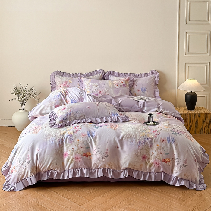 91家纺网 家纺一手货源 找家纺 格里芬家纺 2026新款全棉精梳棉韩系花边款印花四件套 诗意繁花-紫