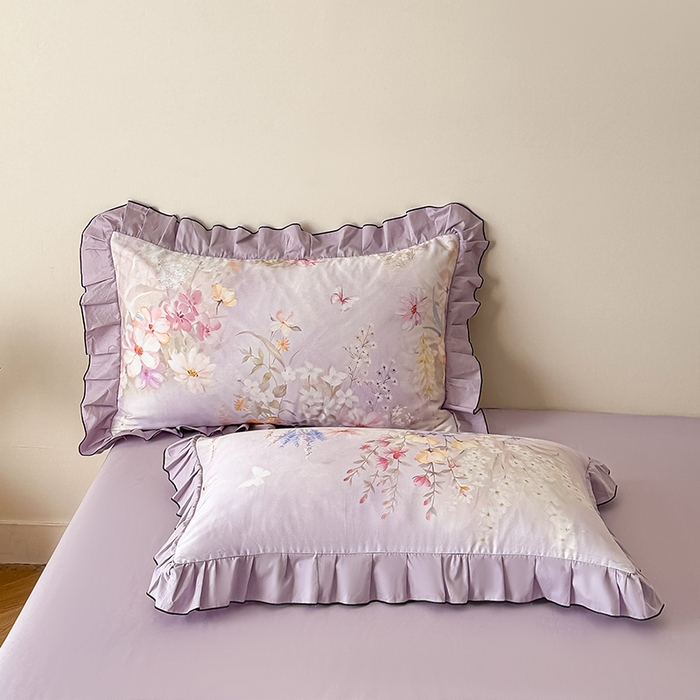 91家纺网 家纺一手货源 找家纺 格里芬家纺 2026新款全棉精梳棉韩系花边款印花四件套 诗意繁花-紫