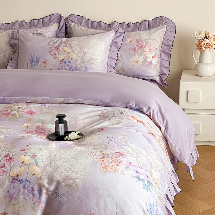 91家纺网 家纺一手货源 找家纺 格里芬家纺 2026新款全棉精梳棉韩系花边款印花四件套 诗意繁花-紫