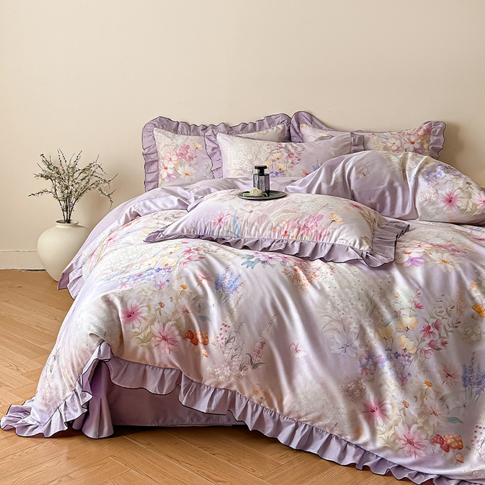 91家纺网 家纺一手货源 找家纺 格里芬家纺 2026新款全棉精梳棉韩系花边款印花四件套 诗意繁花-紫