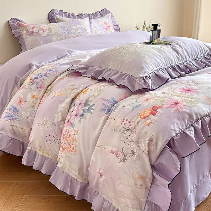 91家纺网 家纺一手货源 找家纺 格里芬家纺 2026新款全棉精梳棉韩系花边款印花四件套 诗意繁花-紫