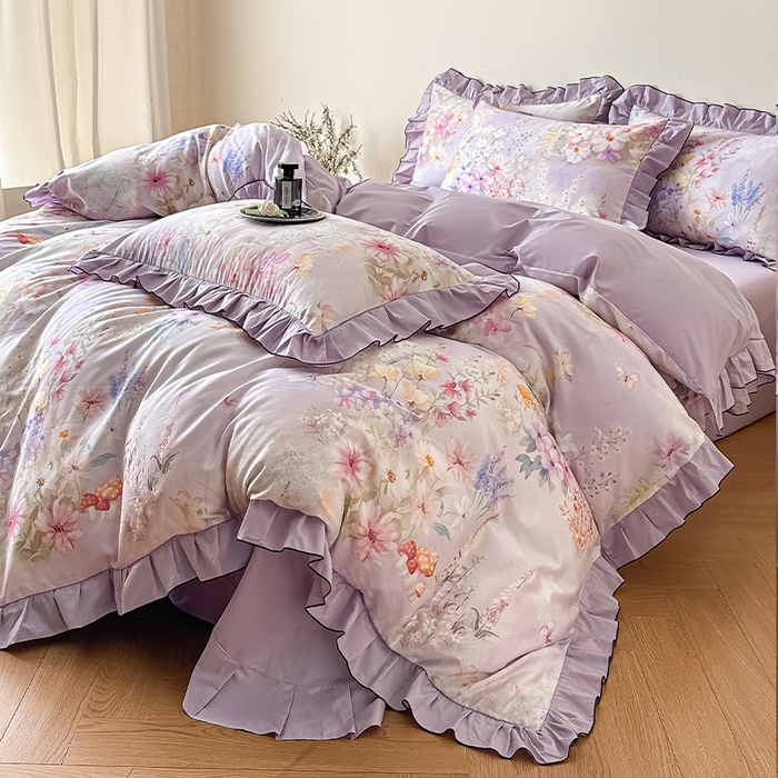 91家纺网 家纺一手货源 找家纺 格里芬家纺 2026新款全棉精梳棉韩系花边款印花四件套 诗意繁花-紫