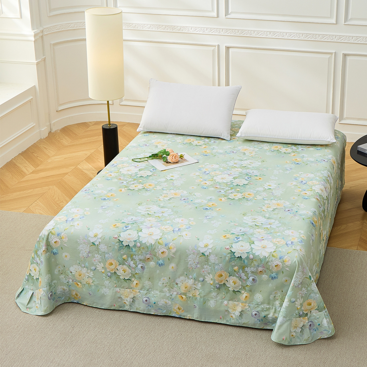 91家纺网 家纺一手货源 找家纺 元元家居（元元被业） 2026新款全棉13372套件及单品【印花款】-单床单 花漾绿