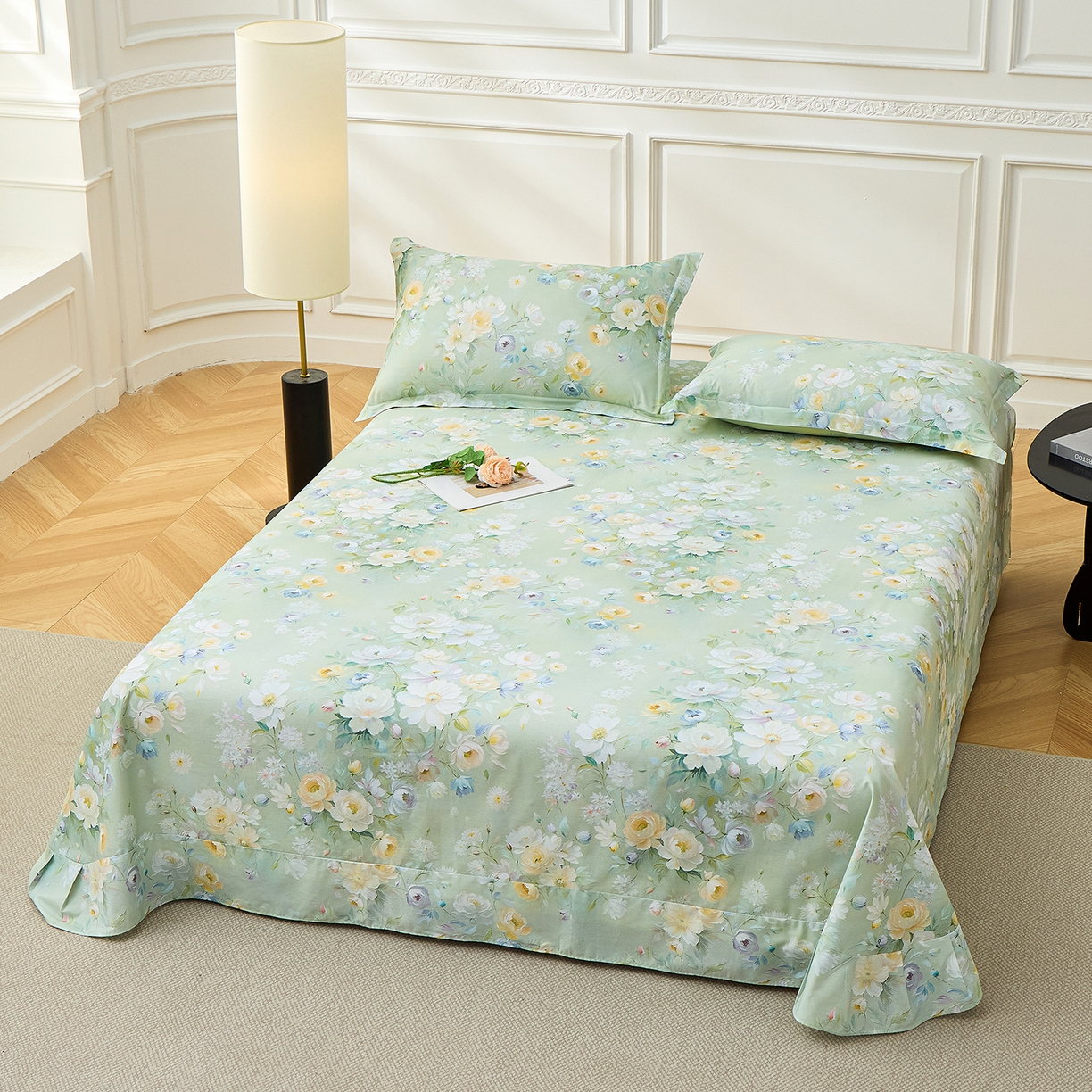 91家纺网 家纺一手货源 找家纺 元元家居（元元被业） 2026新款全棉13372套件及单品【印花款】-单床单 花漾绿