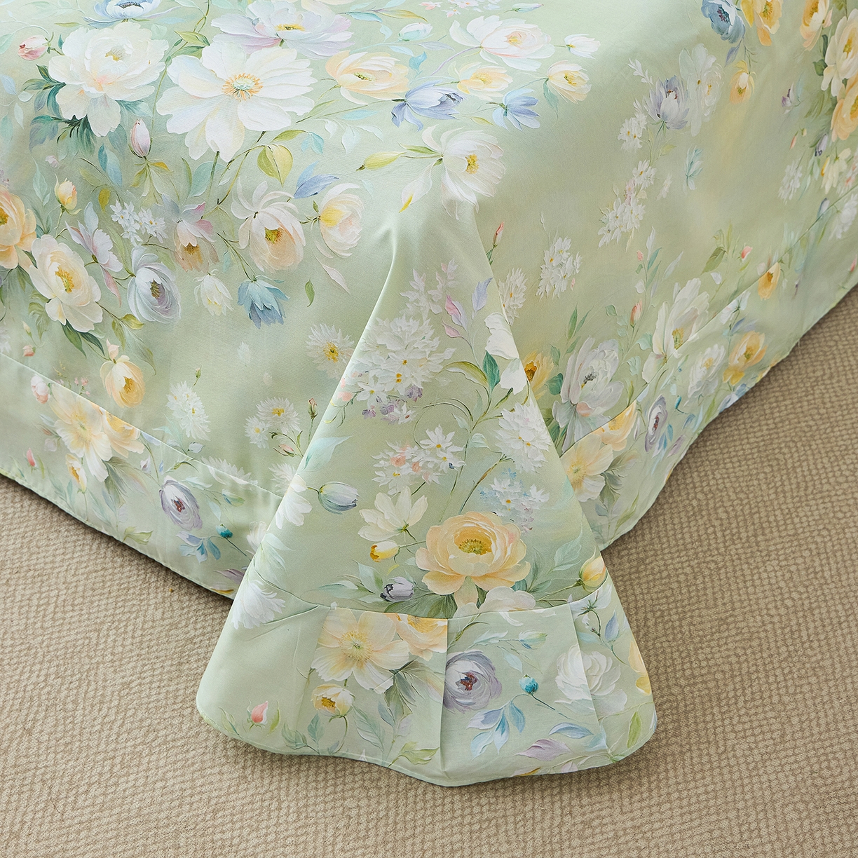 91家纺网 家纺一手货源 找家纺 元元家居（元元被业） 2026新款全棉13372套件及单品【印花款】-单床单 花漾绿