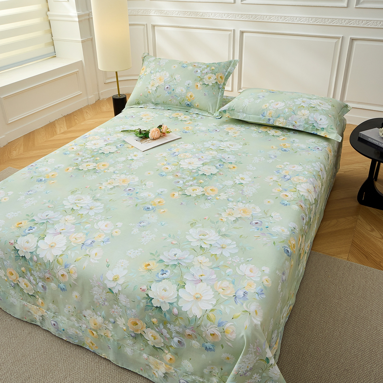 91家纺网 家纺一手货源 找家纺 元元家居（元元被业） 2026新款全棉13372套件及单品【印花款】-单床单 花漾绿