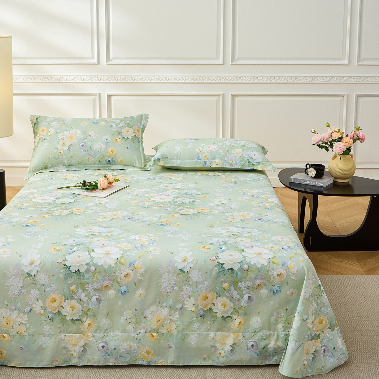 91家纺网 家纺一手货源 找家纺 元元家居（元元被业） 2026新款全棉13372套件及单品【印花款】-单床单 花漾绿