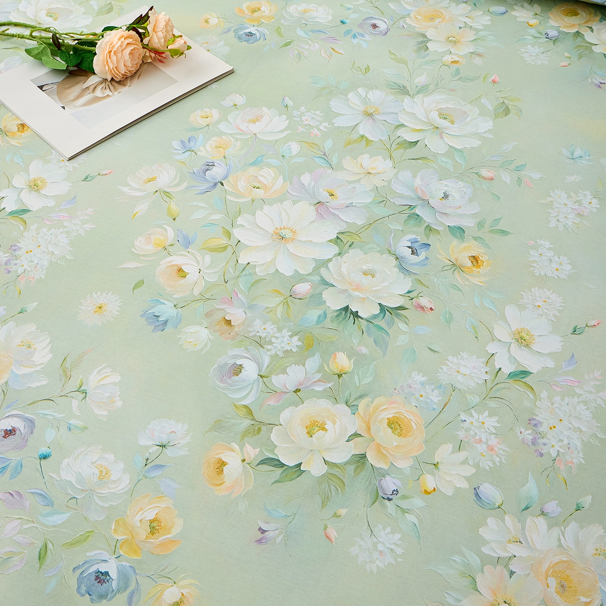 91家纺网 家纺一手货源 找家纺 元元家居（元元被业） 2026新款全棉13372套件及单品【印花款】-单床单 花漾绿