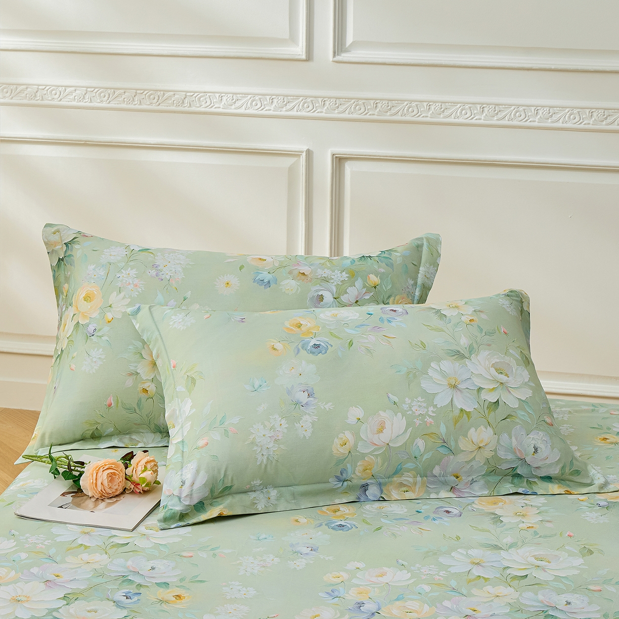 91家纺网 家纺一手货源 找家纺 元元家居（元元被业） 2026新款全棉13372套件及单品【印花款】-单床单 花漾绿