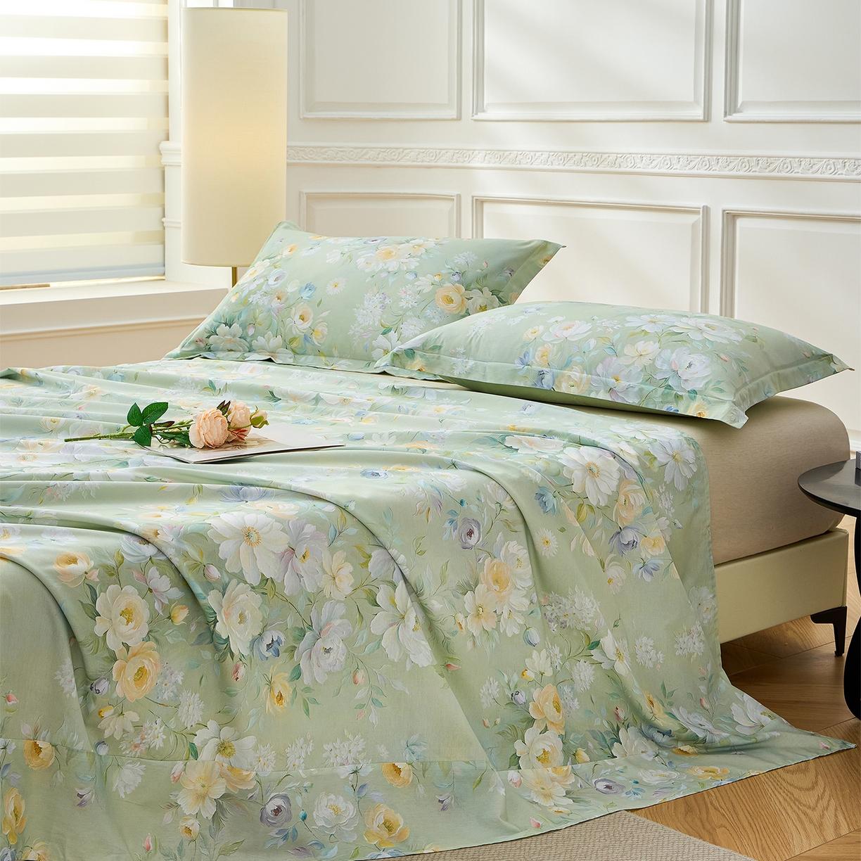 91家纺网 家纺一手货源 找家纺 元元家居（元元被业） 2026新款全棉13372套件及单品【印花款】-单床单 花漾绿