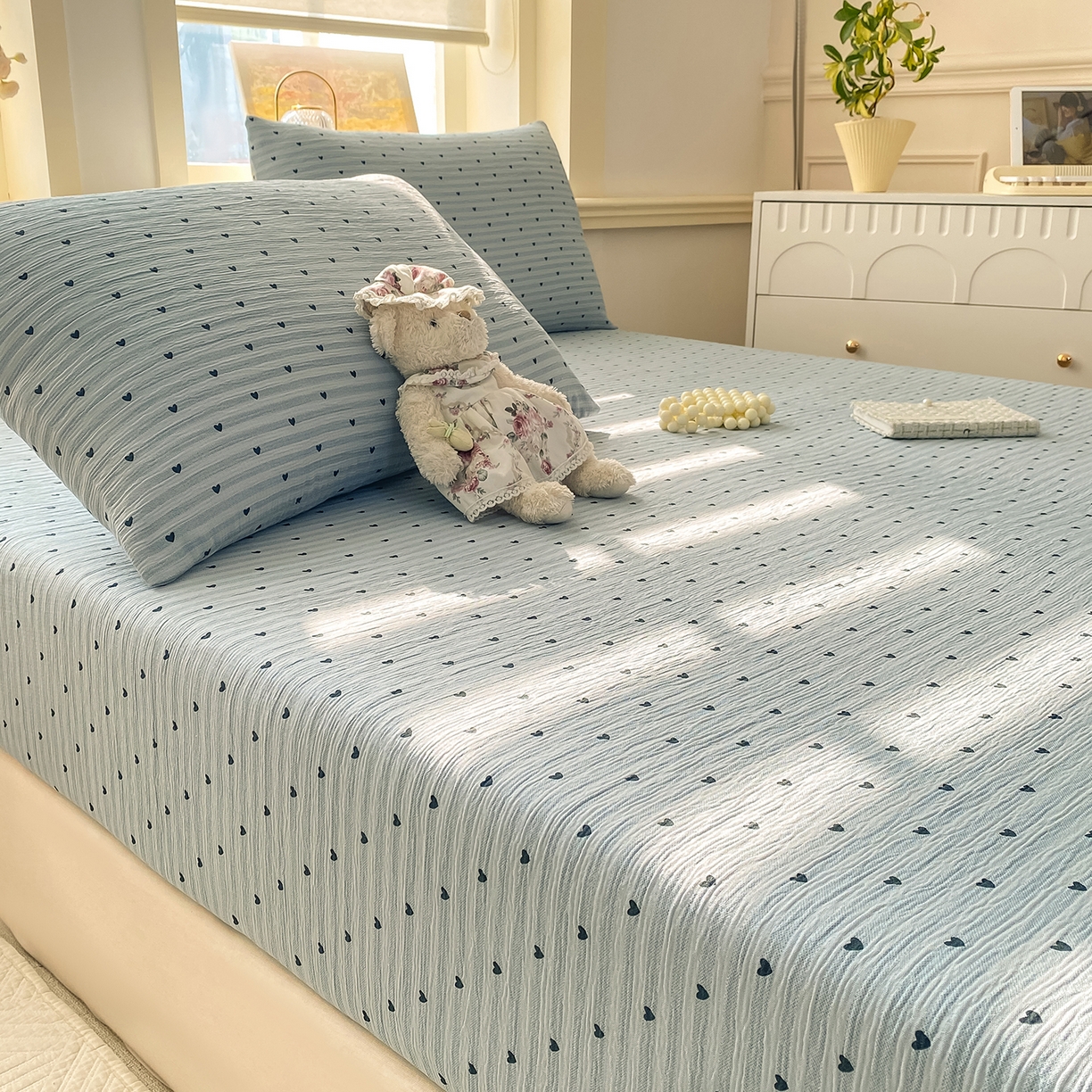 91家纺网 家纺一手货源 找家纺 （总）眠势力 2026新款皱皱三层纱床笠三件套云朵床罩单件床垫保护套四季款