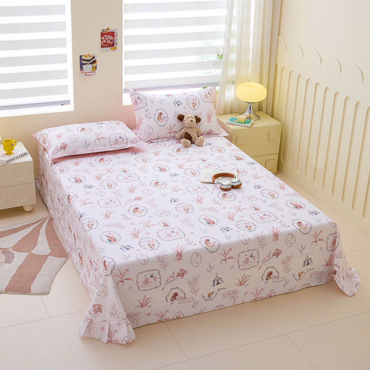 91家纺网 家纺一手货源 找家纺 元元家居（元元被业） 2026新款全棉13372套件及单品【印花款】-单床单 乐园粉