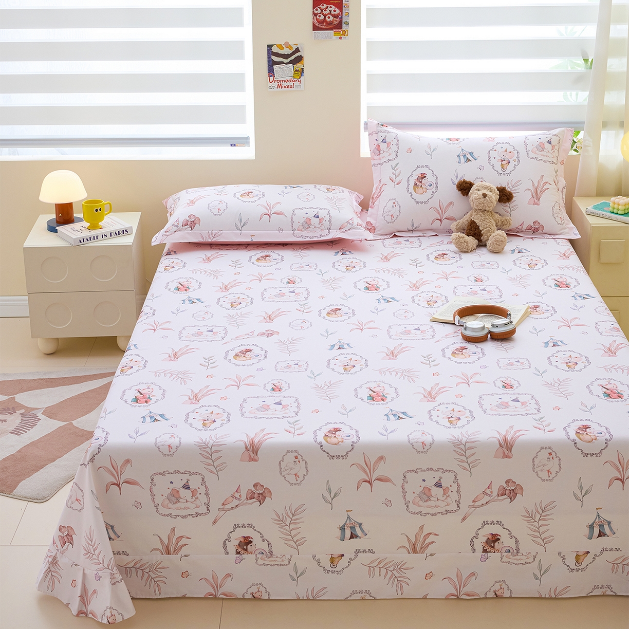 91家纺网 家纺一手货源 找家纺 元元家居（元元被业） 2026新款全棉13372套件及单品【印花款】-单床单 乐园粉