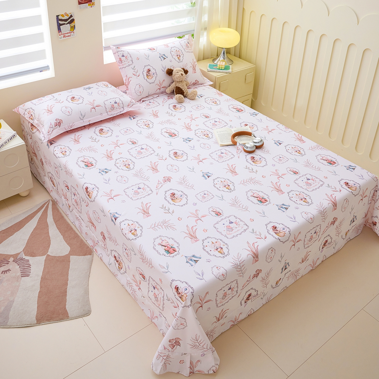 91家纺网 家纺一手货源 找家纺 元元家居（元元被业） 2026新款全棉13372套件及单品【印花款】-单床单 乐园粉