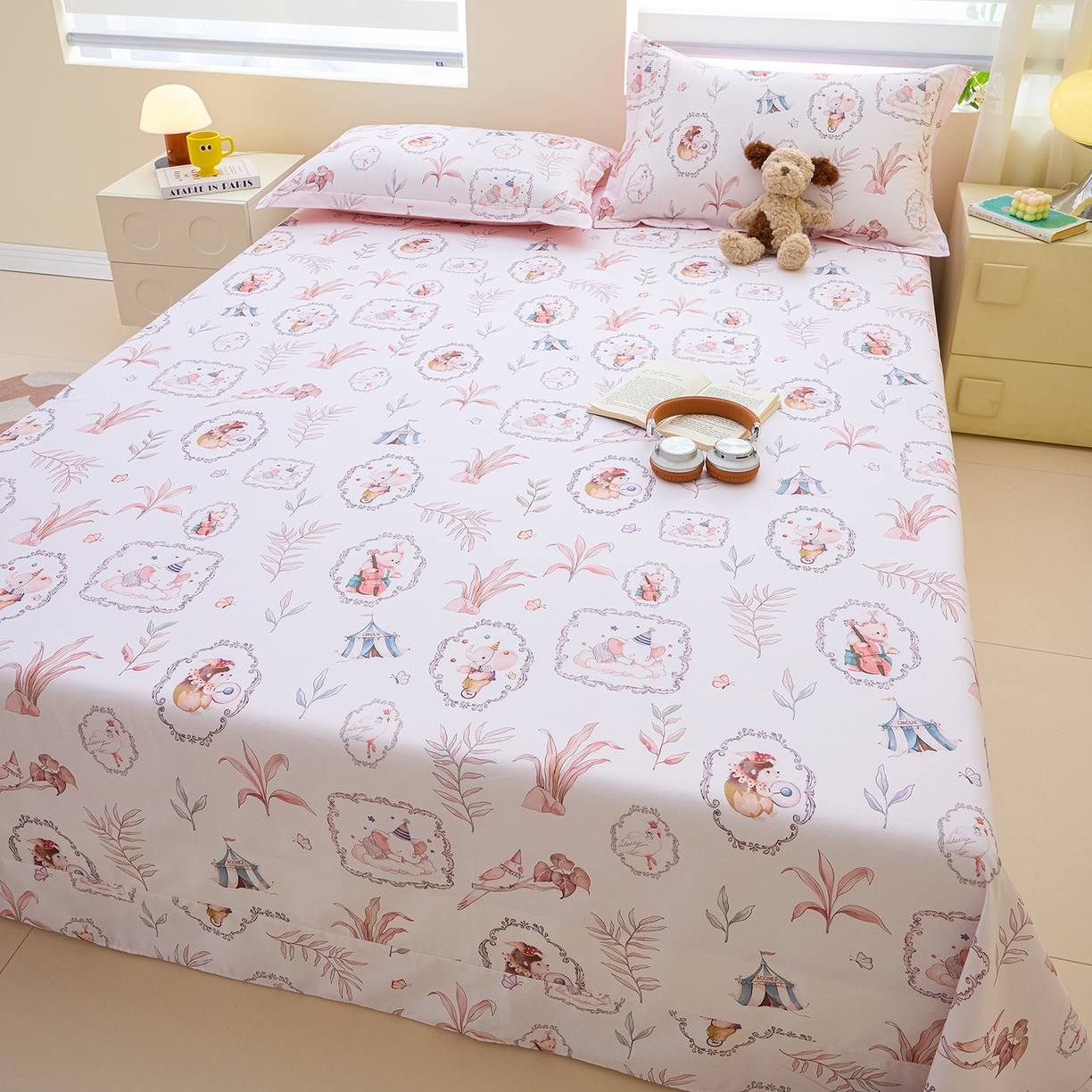 91家纺网 家纺一手货源 找家纺 元元家居（元元被业） 2026新款全棉13372套件及单品【印花款】-单床单 乐园粉