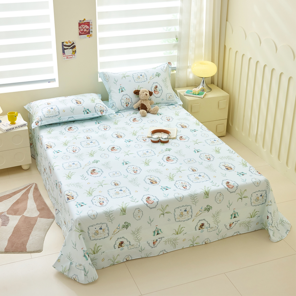 91家纺网 家纺一手货源 找家纺 元元家居（元元被业） 2026新款全棉13372套件及单品【印花款】-单床单 乐园绿