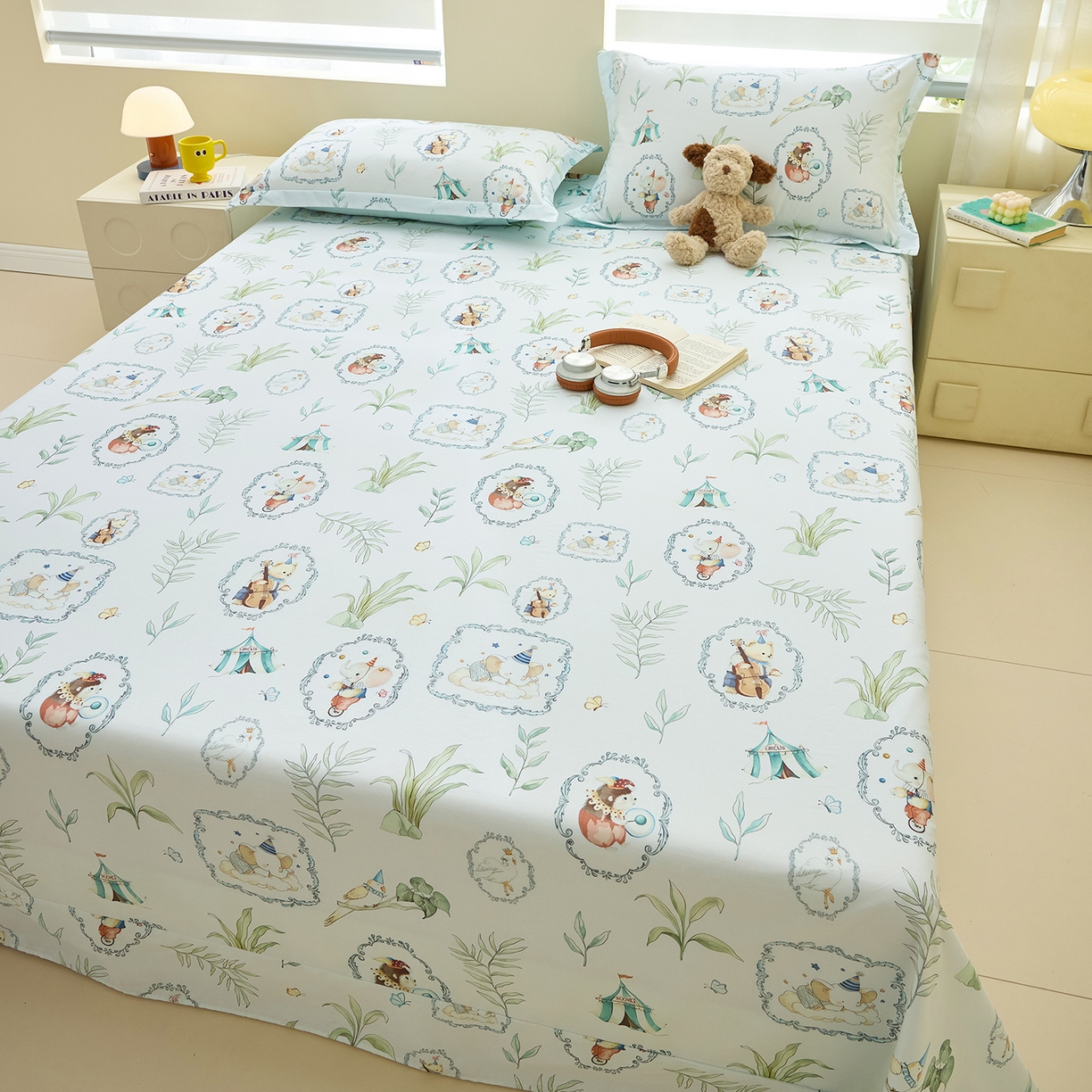 91家纺网 家纺一手货源 找家纺 元元家居（元元被业） 2026新款全棉13372套件及单品【印花款】-单床单 乐园绿