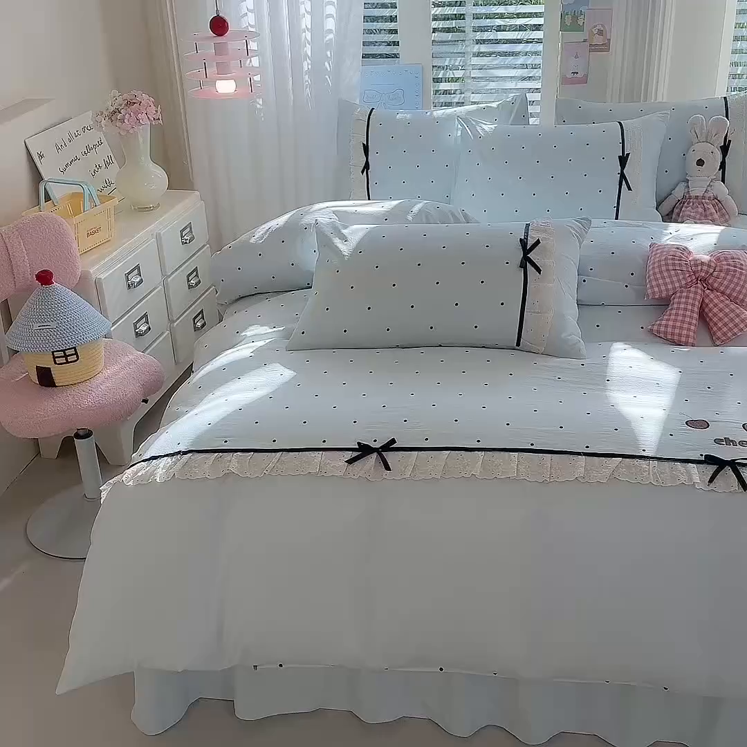 91家纺网 家纺一手货源 找家纺 漫布云家纺 2026新款春夏古法水洗棉床盖款四件套-波点系列 波点-海盐蓝