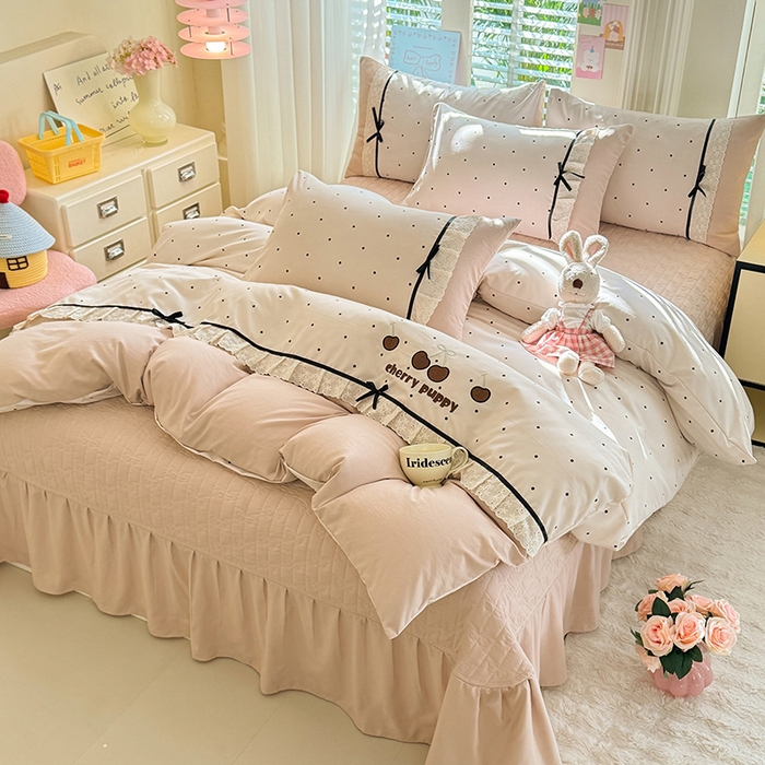 91家纺网 家纺一手货源 找家纺 漫布云家纺 2026新款春夏古法水洗棉床盖款四件套-波点系列 波点-奶咖