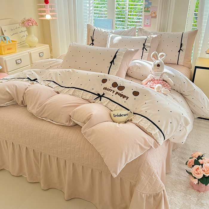 91家纺网 家纺一手货源 找家纺 漫布云家纺 2026新款春夏古法水洗棉床盖款四件套-波点系列 波点-奶咖